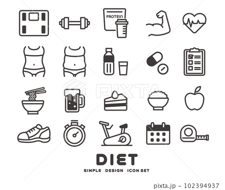 ダイエットに関するシンプルなアイコンのベクターイラスト素材/筋トレ/食事制限 ダイエットに関するシンプルなアイコンのベクターイラスト素材/筋トレ/食事制限 102394937