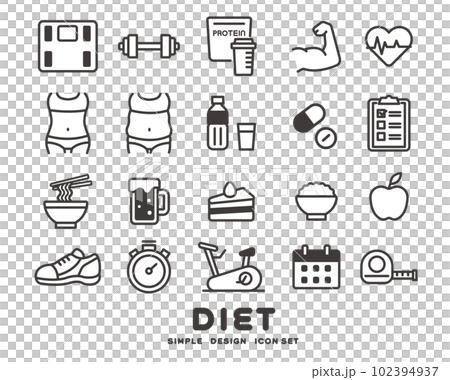 ダイエットに関するシンプルなアイコンのベクターイラスト素材/筋トレ/食事制限 ダイエットに関するシンプルなアイコンのベクターイラスト素材/筋トレ/食事制限 102394937