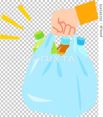 A hand holding a bag containing a plastic bottle drink 102395459