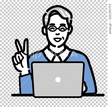 Senior man with glasses sitting in front of laptop and smiling and doing peace sign Senior man with glasses sitting in front of laptop and smiling and doing peace sign 102395755