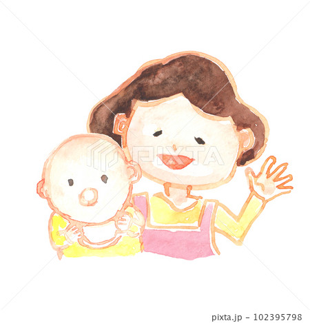 水彩で描いた赤ちゃんとお母さんのイラストのイラスト素材 [102395798