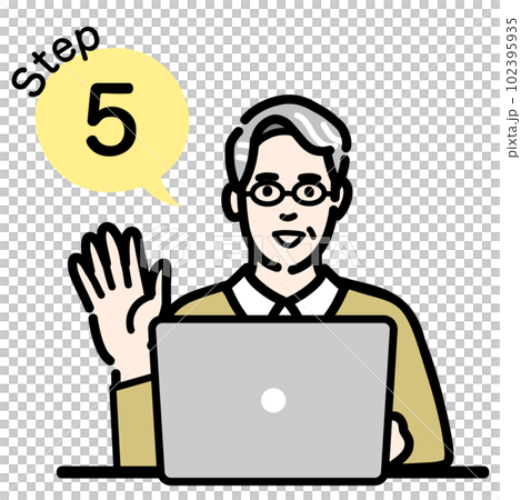 Step 5 A senior man with glasses sitting in front of a laptop and explaining the process 102395935