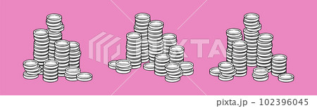 Coin pile with coin tower. Bank gold or silver currency. Vector illustration Coin pile with coin tower. Bank gold or silver currency. Vector illustration 102396045