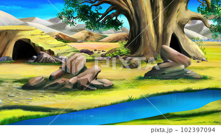 Big rock near a small river in the African savannah Big rock near a small river in the African savannah 102397094