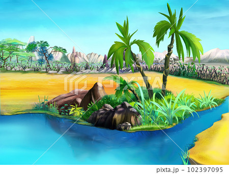 Palm trees near a small river in the African savannah 102397095
