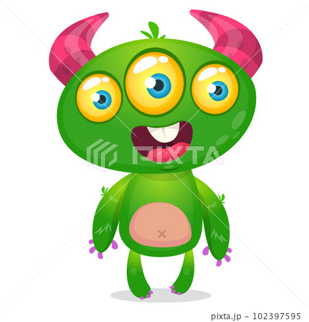 Funny cartoon smiling monster creature. Halloween Illustration of happy alien character. Vector isolated 102397595