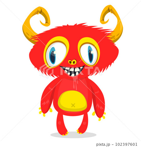 Funny cartoon smiling monster creature. Halloween Illustration of happy alien character. Vector isolated 102397601