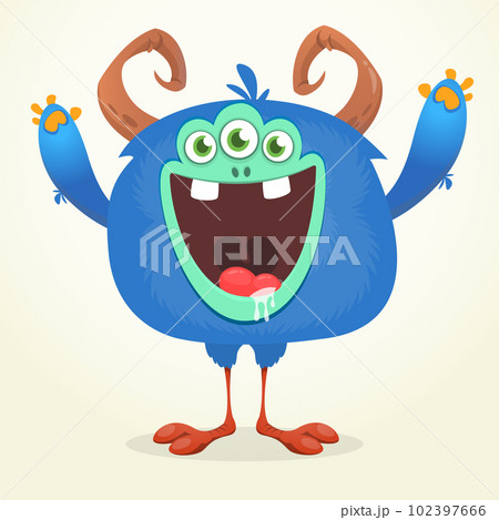 Funny cartoon smiling monster character. Halloween Illustration of happy alien creature. Vector isolated 102397666
