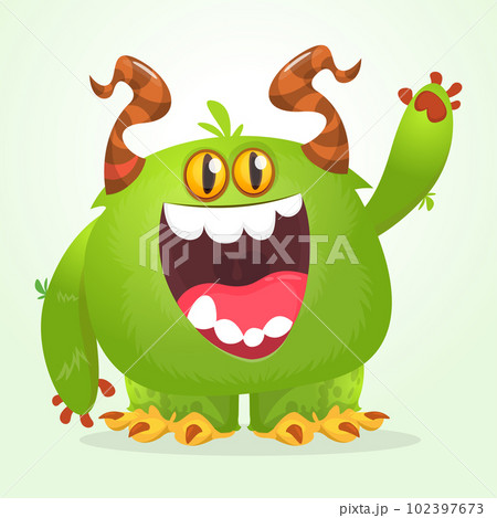 Funny cartoon smiling monster character. Halloween Illustration of happy alien creature. Vector isolated 102397673