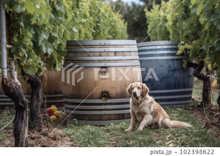 Chardonnay grapes ripening on the vines at a small family-run winery. Photograph the vineyards, oak barrels and bottling equipment with the owner and their dog. Generative AI 102398622