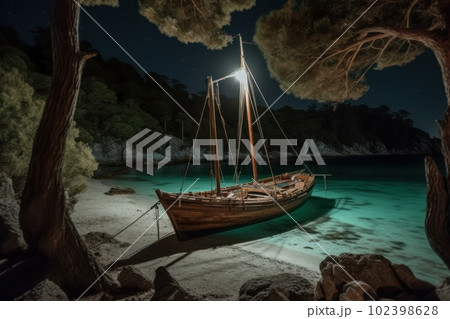 An old wooden sailboat being hauled up onto the shores of a secluded island beach. Rustic boat against a backdrop of turquoise coves, pine trees and clear night sky. Generative AI An old wooden sailboat being hauled up onto the shores of a secluded island beach. Rustic boat against a backdrop of turquoise coves, pine trees and clear night sky. Generative AI 102398628