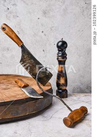 Different types of butcher tools forged by blacksmith 102399126