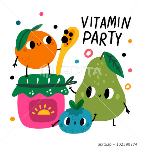 Funny fruits card. Vitamin party. Cartoon...のイラスト素材 [102399274] - PIXTA