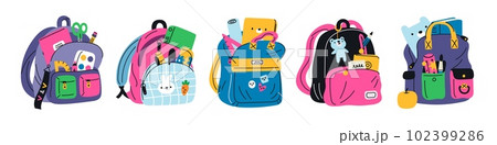 Colorful backpacks with school supplies. Kids rucksacks and stationery. Rulers and notebooks. Students bags with protruding accessories. Markers and pens. Garish vector schoolbags set Colorful backpacks with school supplies. Kids rucksacks and stationery. Rulers and notebooks. Students bags with protruding accessories. Markers and pens. Garish vector schoolbags set 102399286