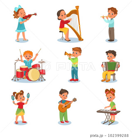 Children playing music instruments. Little musicians. Boys and girls with violin. Musical performance. Harp or accordion players. Orchestra concert. Drums and guitar. Splendid vector set 102399288