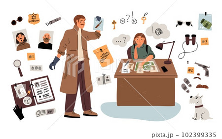 Detective equipment. Cartoon inspectors investigating criminal case. Policeman collecting evidence and information. Suspects photos. Secret documents. Garish vector investigators set Detective equipment. Cartoon inspectors investigating criminal case. Policeman collecting evidence and information. Suspects photos. Secret documents. Garish vector investigators set 102399335