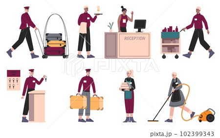 Cartoon hotel staff. Guest house professional employees. Men and women in uniform. Receptionist and porter. Bellboy carrying luggage. Maid with vacuum cleaner. Vector motel workers set Cartoon hotel staff. Guest house professional employees. Men and women in uniform. Receptionist and porter. Bellboy carrying luggage. Maid with vacuum cleaner. Vector motel workers set 102399343