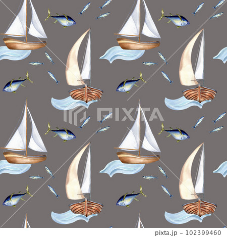 Seamless pattern of sailing ship vintage style watercolor illustration isolated on gray. Sailboat, vessel on waves, tune, fish hand drawn. Childish design element, wallpaper, printed products 102399460