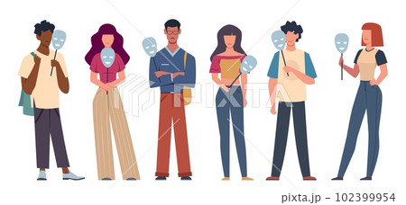 Men and women hiding their faces behind social masks with fake positive, joyful emotions and feelings. Psychology and mental health. False identity cartoon flat style isolated vector set Men and women hiding their faces behind social masks with fake positive, joyful emotions and feelings. Psychology and mental health. False identity cartoon flat style isolated vector set 102399954