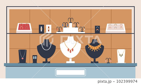 Jewelry shop showcase. Modern glamor accessories behind glass, precious models presentation, necklaces and earrings, rings on stands, cartoon flat isolated illustration nowaday vector concept 102399974