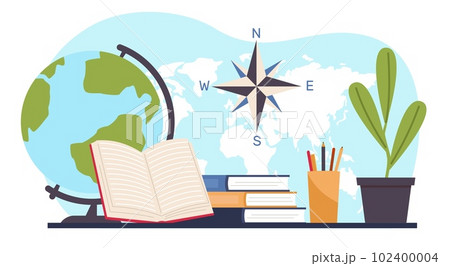 Geography school kit, globe and books, map and writing materials. Travel in foreign countries, objects on table, learning tools cartoon flat isolated colorful vector education concept Geography school kit, globe and books, map and writing materials. Travel in foreign countries, objects on table, learning tools cartoon flat isolated colorful vector education concept 102400004