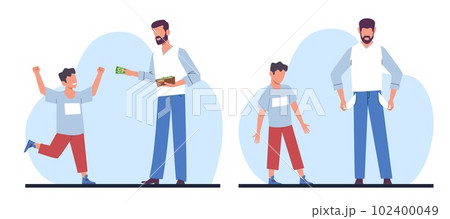 Father gives money from purse to son, father has no cash for child. Rich and poor family, kids pocket expenses, children budget and accumulation. Cartoon flat style isolated vector set Father gives money from purse to son, father has no cash for child. Rich and poor family, kids pocket expenses, children budget and accumulation. Cartoon flat style isolated vector set 102400049