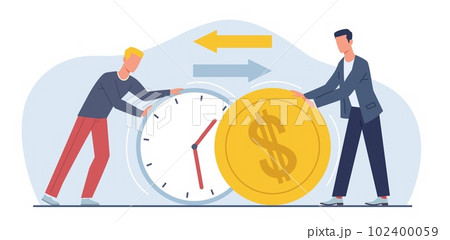 Exchanging time and effort for money and getting paid for work. Men hold huge clock and cold coin. Cost of hour metaphor. Working minutes. Cartoon flat style isolated vector concept Exchanging time and effort for money and getting paid for work. Men hold huge clock and cold coin. Cost of hour metaphor. Working minutes. Cartoon flat style isolated vector concept 102400059