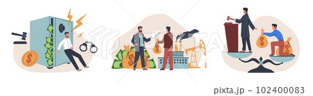Corruption scenes. Concealment of income and tax evasion, judge bribery, financial fraud, people illegal activities, crimes for money, cartoon flat isolated illustration. Nowaday vector set 102400083