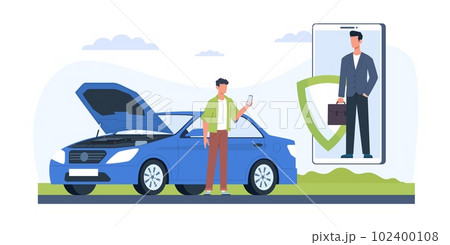 Car insurance, man calls insurance service because of car breakdown. Agent on smartphone screen. Compensation for damage after transport accident on road, cartoon flat style vector concept Car insurance, man calls insurance service because of car breakdown. Agent on smartphone screen. Compensation for damage after transport accident on road, cartoon flat style vector concept 102400108