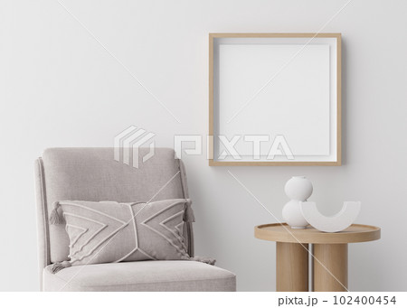Blank square picture frame mockup in room. Contemporary, modern style. Empty space for artwork, poster. Armchair, vase. Wooden frame mock up, template. Close up view. 3D rendering. 102400454
