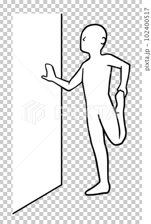 Man using wall to stretch quadriceps, man stretching thighs Man using wall to stretch quadriceps, man stretching thighs 102400517