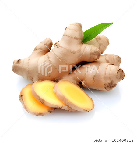 Ginger root with leaves on white backgrounds. Ai generative. Illustration. Ginger root with leaves on white backgrounds. Ai generative. Illustration. 102400818