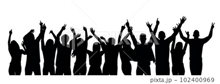 Cheering crowd at a concert. People raising hand at the concert	 102400969