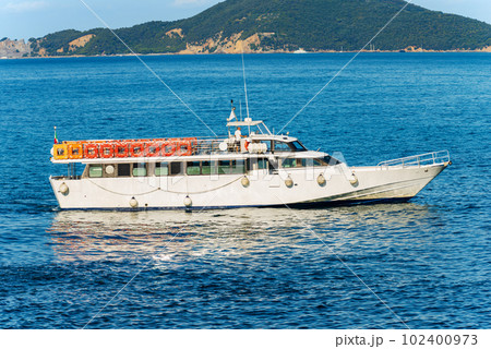 White Empty Tourist Ferry in the Gulf of La Spezia Liguria Italy 102400973