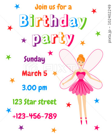 Vector illustration. Children's birthday invitation card. Fairy. Sorceress 102402249
