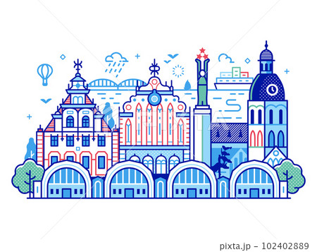 Riga Old Town City Skyline in Line Art 102402889