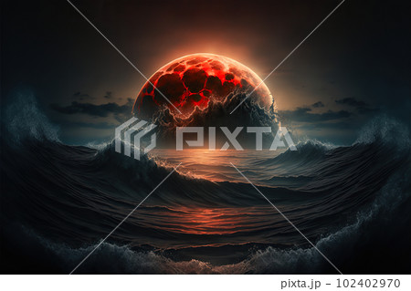 ocean with blood full moon in the night sky illustration generative ai ocean with blood full moon in the night sky illustration generative ai 102402970