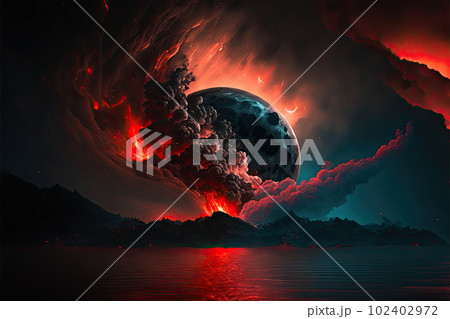 red ocean with a blood full moon raising from the clouds in the night sky illustration generative ai	 102402972
