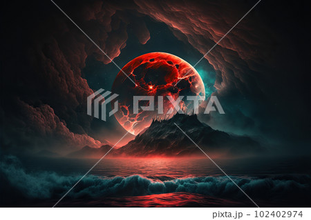 a blood full moon wrapped in clouds in the night sky illustration generative ai	 102402974