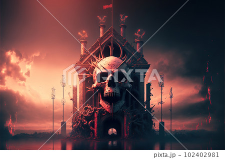 Bone Temple with blood in a dark environment (sunset) illustration generative ai	 102402981