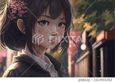 Illustration of a Japan anime schoolgirl with brown eyes and brown hairs, looks forward park background generative ai Illustration of a Japan anime schoolgirl with brown eyes and brown hairs, looks forward park background generative ai 102403202