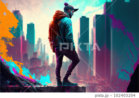 colorful urban man on the edge. city in background illustration generative ai colorful urban man on the edge. city in background illustration generative ai 102403204