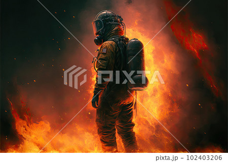 Fireman illustration with fire in background generative ai 102403206