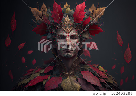 Human King of the Fairies and elves with a wooden crown of leaves and gems close-up illustration generative ai Human King of the Fairies and elves with a wooden crown of leaves and gems close-up illustration generative ai 102403289