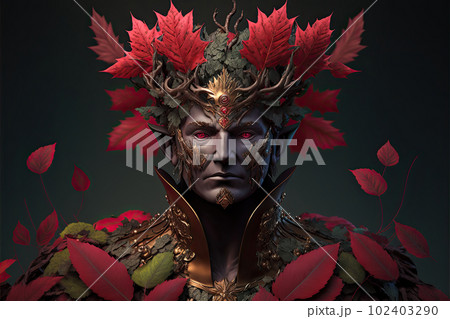 King of the Fairies and elves with a wooden crown of leaves and gems close-up illustration generative ai King of the Fairies and elves with a wooden crown of leaves and gems close-up illustration generative ai 102403290