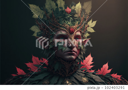 Elven King of the Fairies and elves with a vines crown of leaves and gems close-up illustration generative ai Elven King of the Fairies and elves with a vines crown of leaves and gems close-up illustration generative ai 102403291