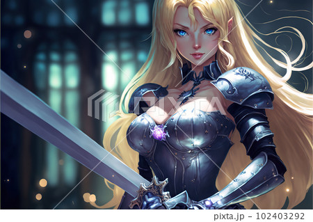 Blonde lady Knight serious face with plate armor and sword illustration generative ai	 102403292