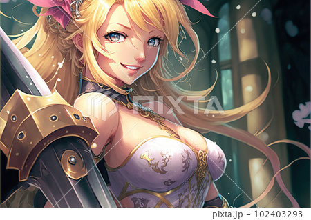 Blonde lady Paladin Knight smile with armor illustration generative ai	 102403293