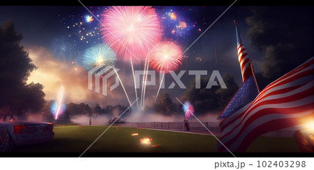 4th of july fireworks on american flag background. Ai Generative 102403298