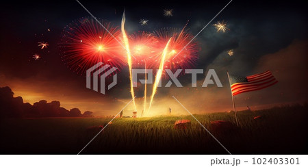 4th of july fireworks on american flag background. Ai Generative 102403301